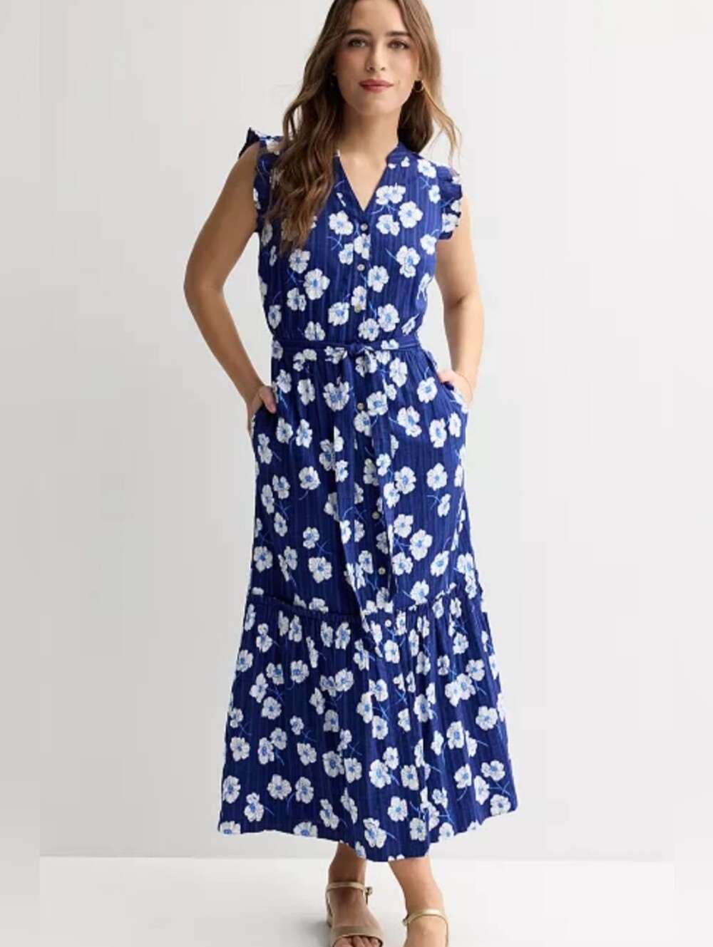 Draper James Flutter Sleeve Tie Waist Maxi Dress Sz Sm Blue Floral